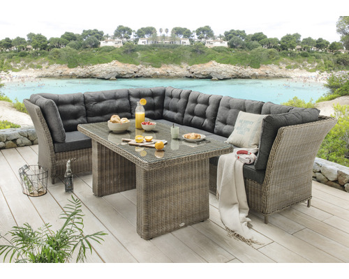 Ensemble lounge Destiny PALMA DE LUXE avec table 140x80x67cm, vintage gris Ensemble de jardin avec table et banc d''angle avec coussins sur une terrasse