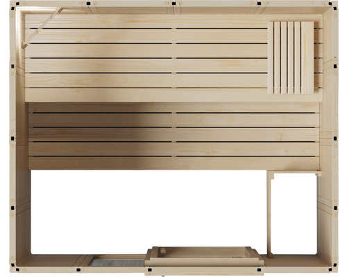 Vue intérieure d''un sauna en bois avec bancs et poêle