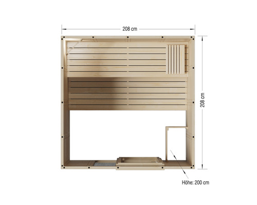 Draufsicht einer Sauna mit den Massen 208 mal 208 mal 200 Zentimeter.