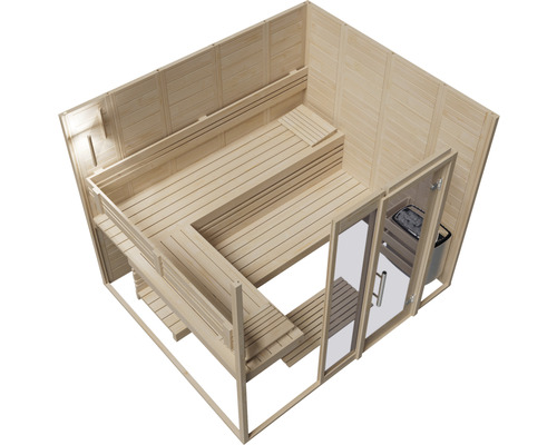 Innenansicht einer Sauna mit Holzbänken und Glastür