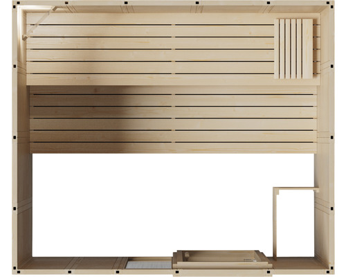 Innenansicht einer Sauna aus Holz mit Bänken und Ofen