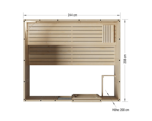 Draufsicht einer Sauna mit den Maßen 244 mal 208 Zentimeter und einer Höhe von 200 Zentimetern