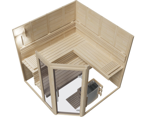Innenansicht einer Holzsauna mit Bänken und Glasfront