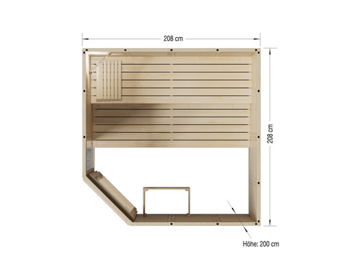 Draufsicht einer Holzsauna mit Maßangaben: 208 Zentimeter Länge, 208 Zentimeter Breite, 200 Zentimeter Höhe
