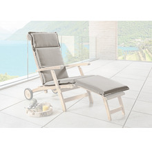 Chaise longue de jardin en bois avec revêtement gris et repose-pieds sur une terrasse
