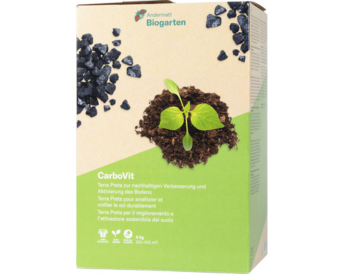 Engrais au carbone bio Andermatt CarboVit 5 kg Andermatt Biogarten CarboVit Terra Preta pour l''amélioration du sol en paquet de 5 kilogrammes.