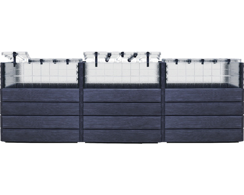 Trois parterres de culture surélevés modulaires en bois et plastique avec système d''irrigation