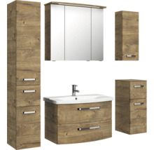 Ensemble de meubles de salle de bains avec lavabo, armoire de toilette et armoires hautes au design bois