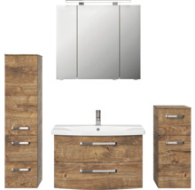 Ensemble de salle de bains avec meuble sous-lavabo, armoire de toilette et deux armoires latérales au design bois