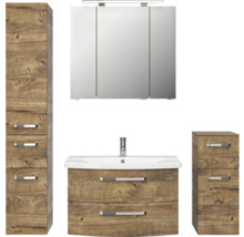 Ensemble de salle de bains avec lavabo, armoire de toilette et armoires latérales aspect bois