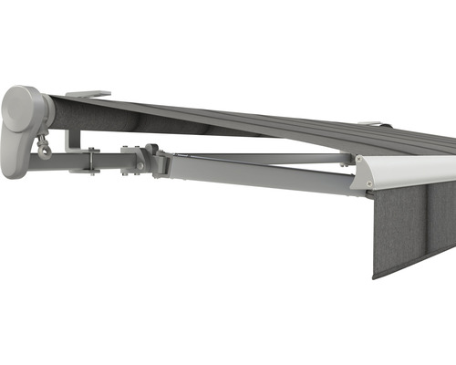 SOLUNA Gelenkarmmarkise Trend 3x2 Stoff Dessin D419 Gestell E6EV1 silber eloxiert Antrieb links inkl. Kurbel Detailansicht einer Markise mit Stoff und Metallgestell