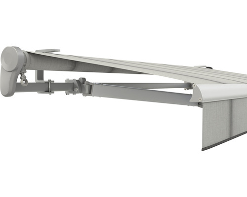 SOLUNA Gelenkarmmarkise Trend 3x2 Stoff Dessin D420 Gestell E6EV1 silber eloxiert Antrieb links inkl. Kurbel Markise mit ausfahrbarem Volant