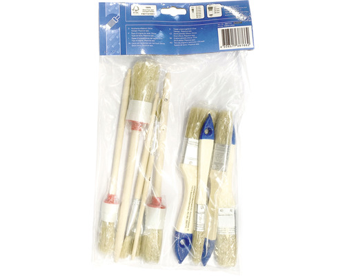 Set de pinceaux dans un sachet plastique, comprenant des pinceaux plats et des brosses rondes