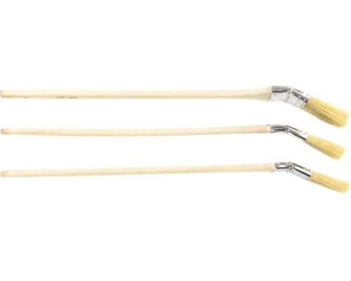 Trois pinceaux radiateur avec manche en bois et tête de brosse coudée