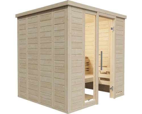 Sauna avec porte en verre et murs en bois