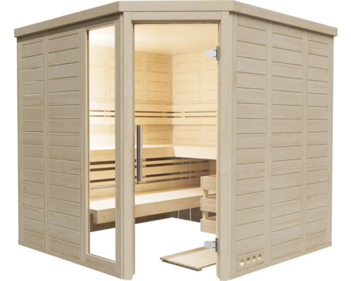 Holzsauna mit Glastür und Inneneinrichtung