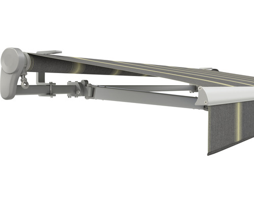 SOLUNA Gelenkarmmarkise Trend 5x2 Stoff Dessin D417 Gestell E6EV1 silber eloxiert Antrieb links inkl. Motor, Wandschalter und Nothandkurbel Gelenkarmmarkise mit Stoffmuster