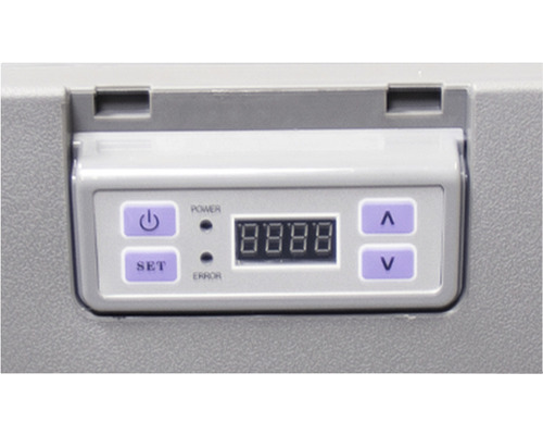 Bedienfeld einer Kühlbox mit digitaler Anzeige, Ein/Aus-Taste, Set-Taste sowie Pfeiltasten