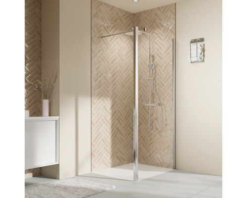 Seitenwand für Duschtür mit BREUER Elana 2.0 90 cm Profil weiss Klarglas Seitenwandanschlag links Badezimmer mit Duschabtrennung, Armatur und verkleideter Wand