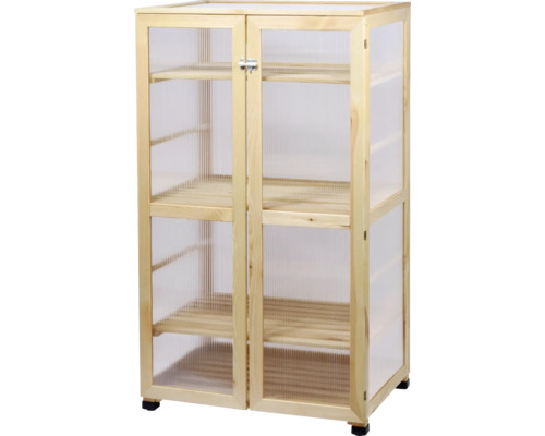Armoire à plantes en bois avec plusieurs étagères et parois transparentes