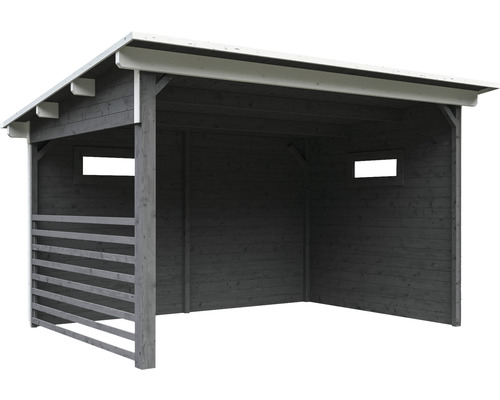 Abri en bois avec toit plat et ouvertures latérales