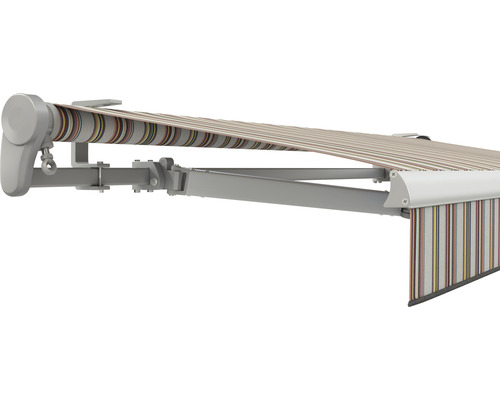 SOLUNA Gelenkarmmarkise Trend 5,5x4 Stoff Dessin D421 Gestell E6EV1 silber eloxiert Antrieb links inkl. Motor, Wandschalter,Nothandkurbel, Sonnen und Windwächter