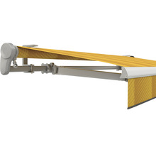 Gelbe Markise mit silberfarbenem Gestell
