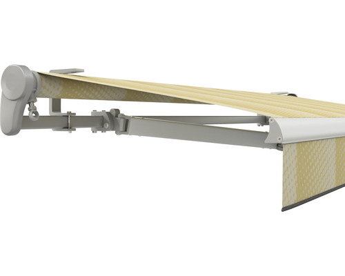 SOLUNA Gelenkarmmarkise Trend 6x2,5 Stoff Dessin J201 Gestell E6EV1 silber eloxiert Antrieb links inkl. Motor, Wandschalter,Nothandkurbel, Sonnen und Windwächter