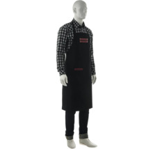 Schwarze Arbeitsschürze mit Taschen auf einer Schaufensterpuppe.