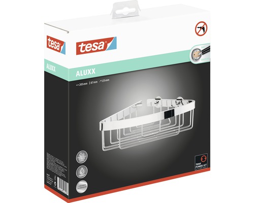 Emballage d''une étagère d''angle de douche Tesa Aluxx en aluminium chromé mesurant 205 x 87 x 125 millimètres