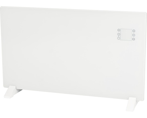 Flacher, weisser Heizkörper mit digitalem Bedienfeld und Standfüssen