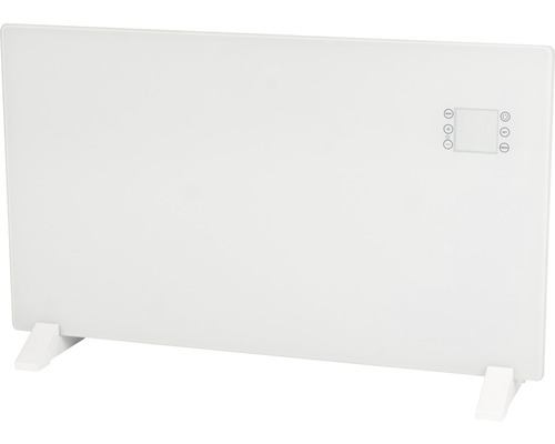 Radiateur plat blanc avec commande numérique et pieds.