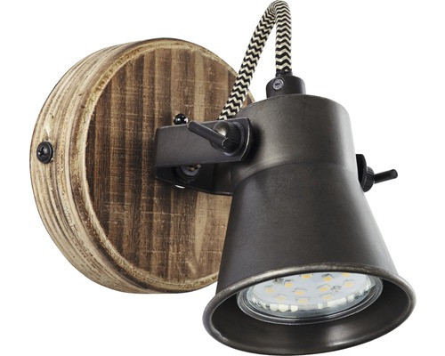 Wandleuchte mit Holzsockel und verstellbarem Metallscheinwerfer