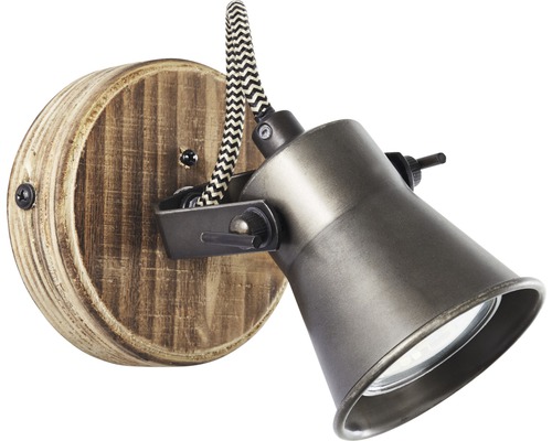 Wandleuchte mit Holzsockel und verstellbarem Metallelement