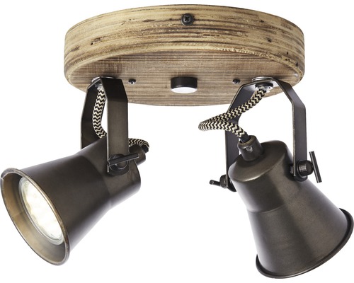 Deckenleuchte mit zwei Strahlern und Holzsockel