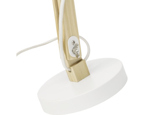 Detailansicht einer Tischleuchte mit Holzgestell und rundem Fuss