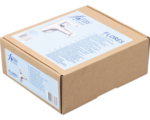 Emballage d''un robinet de lavabo de la marque Form and Style, modèle Flores, dimensions 22 x 18 x 8 centimètres