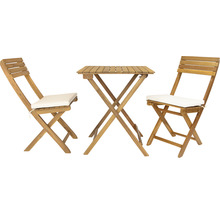 Ensemble table de jardin avec deux chaises et table carrée en bois avec coussins d''assise