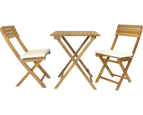 Ensemble table de jardin avec deux chaises et table carrée en bois avec coussins d''assise