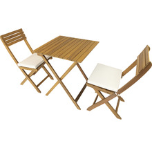 Table de jardin en bois avec deux chaises et coussins d''assise