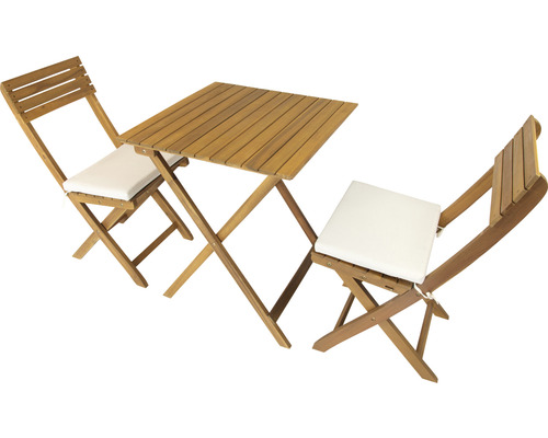 Table de jardin en bois avec deux chaises et coussins d''assise