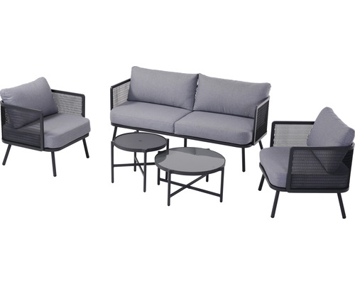 Ensemble lounge Garden Place 4 places composé de: 2 tables, 2 fauteuils, canapé en métal gris