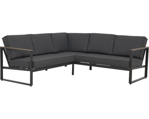 Ecksofa mit Metallrahmen und grauen Polstern für den Außenbereich