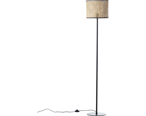 Stehlampe mit Rattan-Schirm und Metallfuß für eine stimmungsvolle Beleuchtung im Raum.