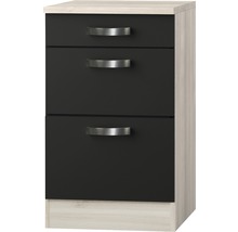 Meuble de salle de bains étroit avec trois tiroirs et poignées en métal