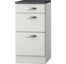 Meuble de salle de bains étroit avec trois tiroirs et étagère