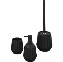 Drei Badezimmeraccessoires, bestehend aus einem Seifenspender, einem Zahnputzbecher und einer Toilettenbürste.