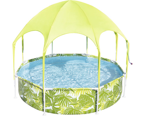 Aufstellpool Framepool rund 244 x 244 x 51 cm 1688 l multicolor inkl. Dach Rundes Schwimmbecken mit Blättermuster und Sonnendach