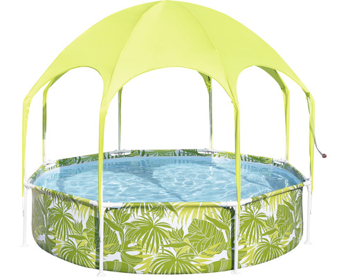 Rundes Schwimmbecken mit Blättermuster und Sonnenschutz