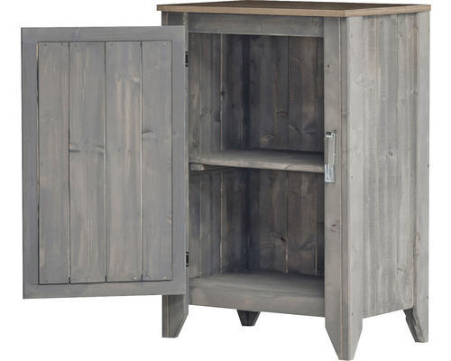 Holzschrank mit offener Tür und Regal